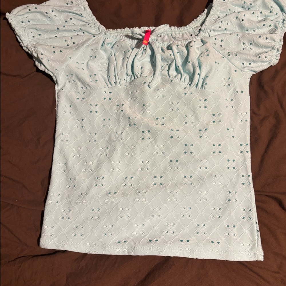 Elegant Light Blue Eyelet Blouse